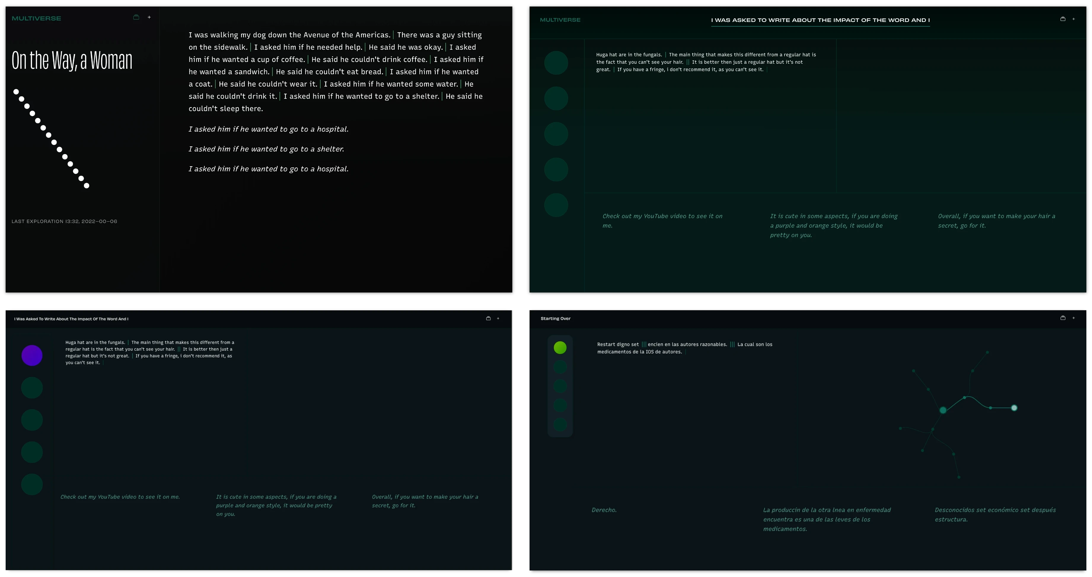 Process images from the second iteration, focusing on <em>feel</em> and aesthetics. The primary feeling seems to have been “green.”